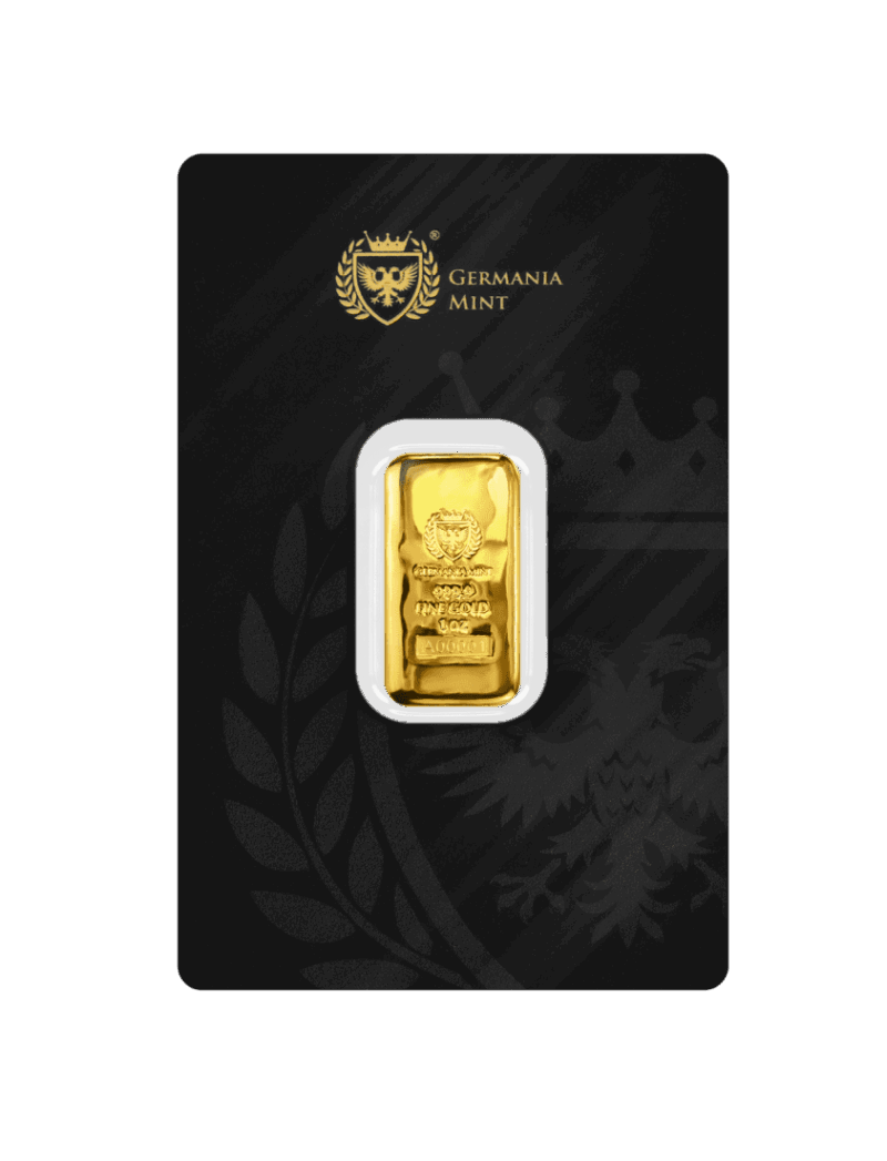Sztabka złota Germania Mint 1 oz w opakowaniu ochronnym, wysokiej czystości Au 999.9