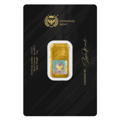 Sztabka złota Germania Mint 1 oz w opakowaniu ochronnym, wysokiej czystości Au 999.9