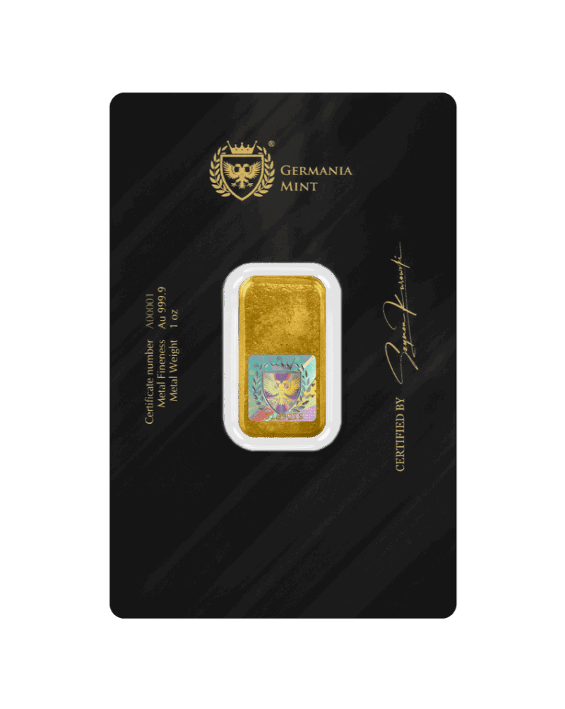 Sztabka złota Germania Mint 1 oz w opakowaniu ochronnym, wysokiej czystości Au 999.9