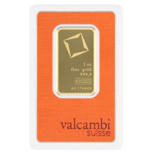 Sztabka złota Valcambi 1 oz Au 999.9 w opakowaniu ochronnym.