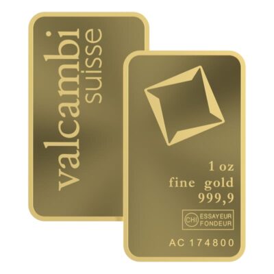 Sztabka złota Valcambi 1 oz Au 999.9 w opakowaniu ochronnym.
