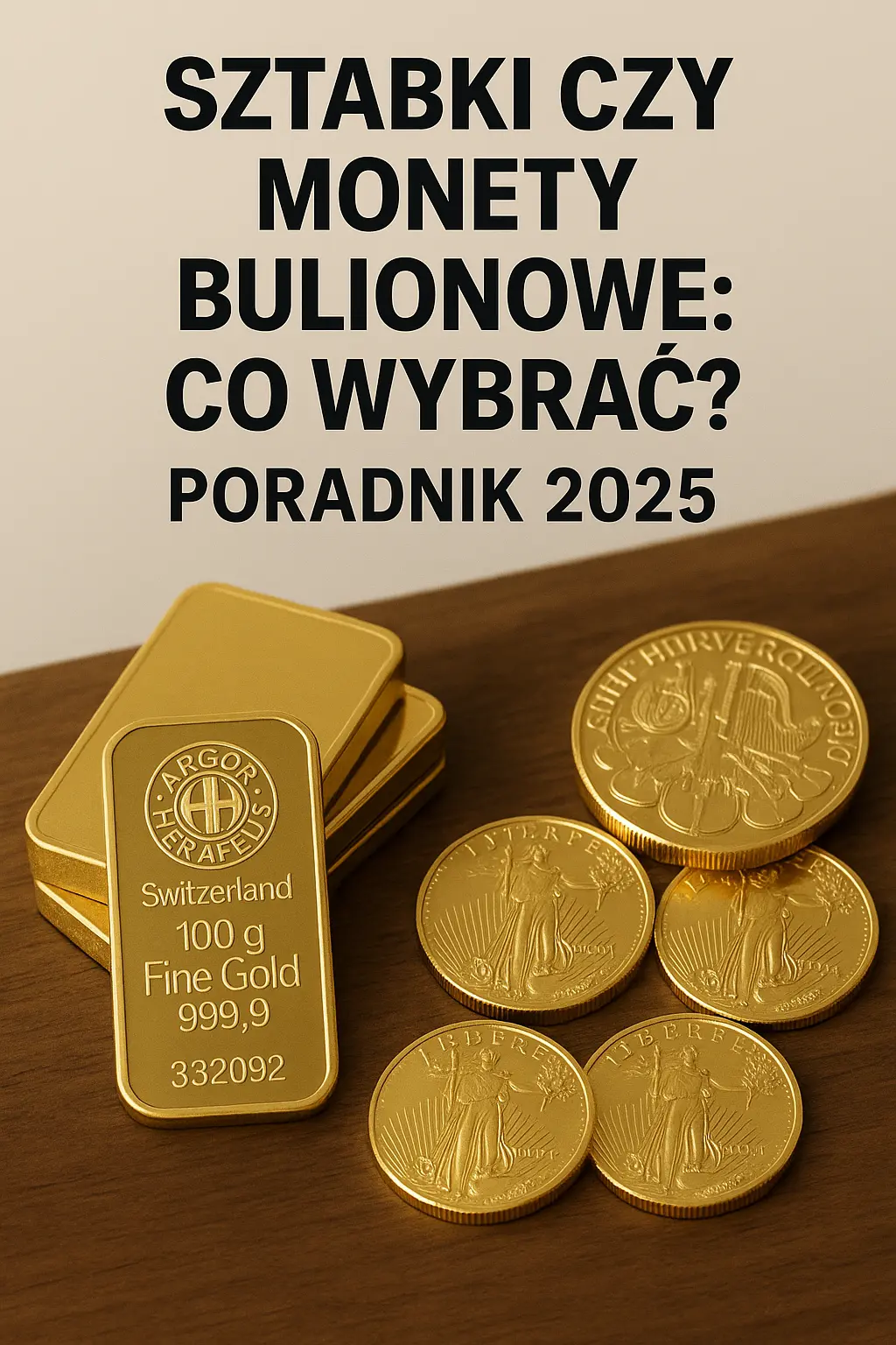 Złote sztabki i monety bulionowe leżące na drewnianym blacie – Poradnik inwestora 2025 Kupsztabki.pl, Kraków Starowiślna
