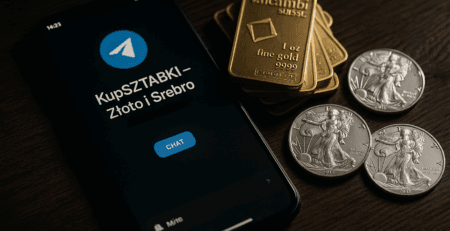 Smartfon z otwartą grupą Telegram „KupSZTABKI – Złoto i Srebro”, obok sztabki złota Valcambi i srebrne monety bulionowe na drewnianym tle – wizualizacja nowoczesnej społeczności inwestorów metali szlachetnych.