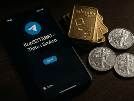 Smartfon z otwartą grupą Telegram „KupSZTABKI – Złoto i Srebro”, obok sztabki złota Valcambi i srebrne monety bulionowe na drewnianym tle – wizualizacja nowoczesnej społeczności inwestorów metali szlachetnych.