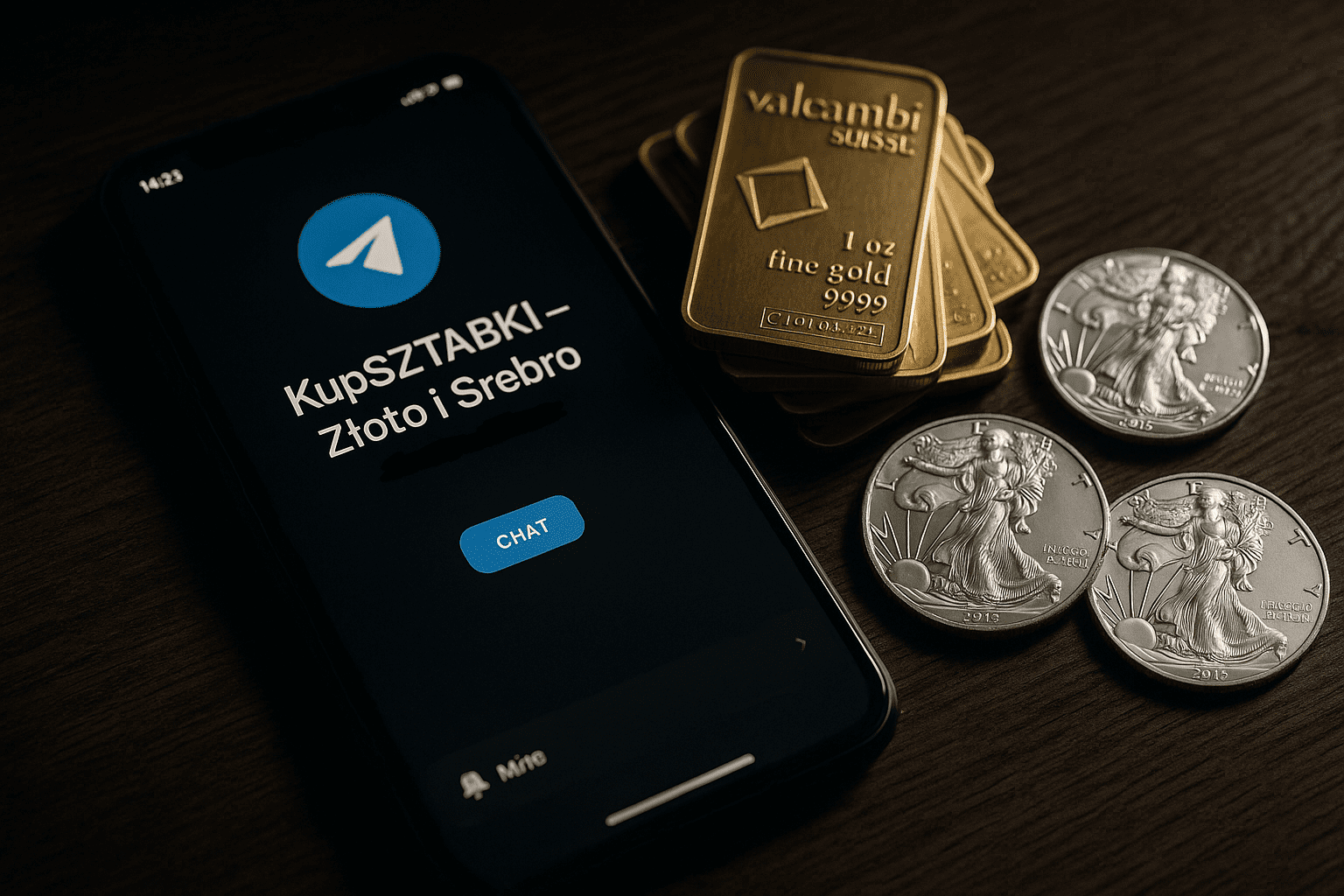 Smartfon z otwartą grupą Telegram „KupSZTABKI – Złoto i Srebro”, obok sztabki złota Valcambi i srebrne monety bulionowe na drewnianym tle – wizualizacja nowoczesnej społeczności inwestorów metali szlachetnych.