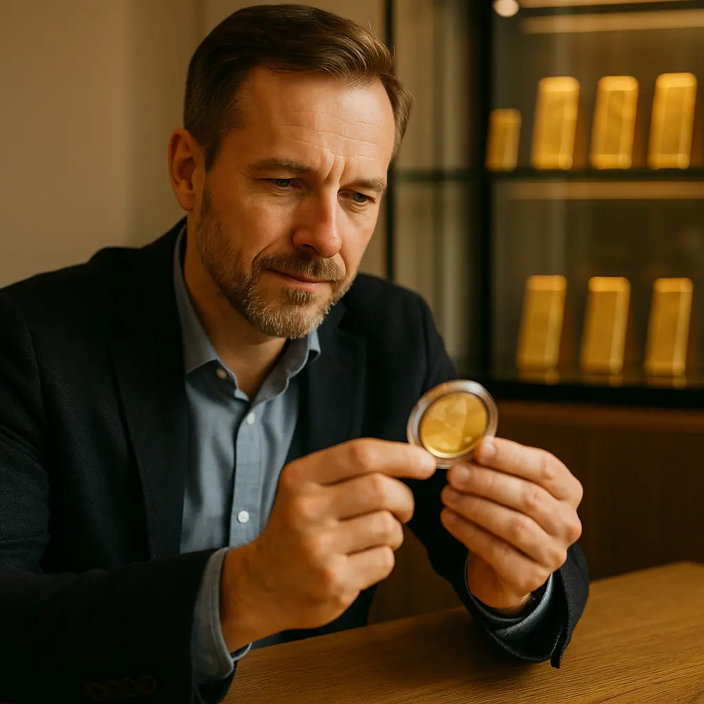 Inwestor ogląda złotą monetę w salonie przy Starowiślnej w Krakowie