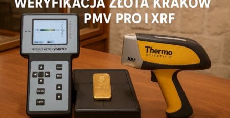 Weryfikacja autentyczności złota w Krakowie – urządzenie PMV PRO obok spektrometru XRF na ladzie punktu w Kazimierzu