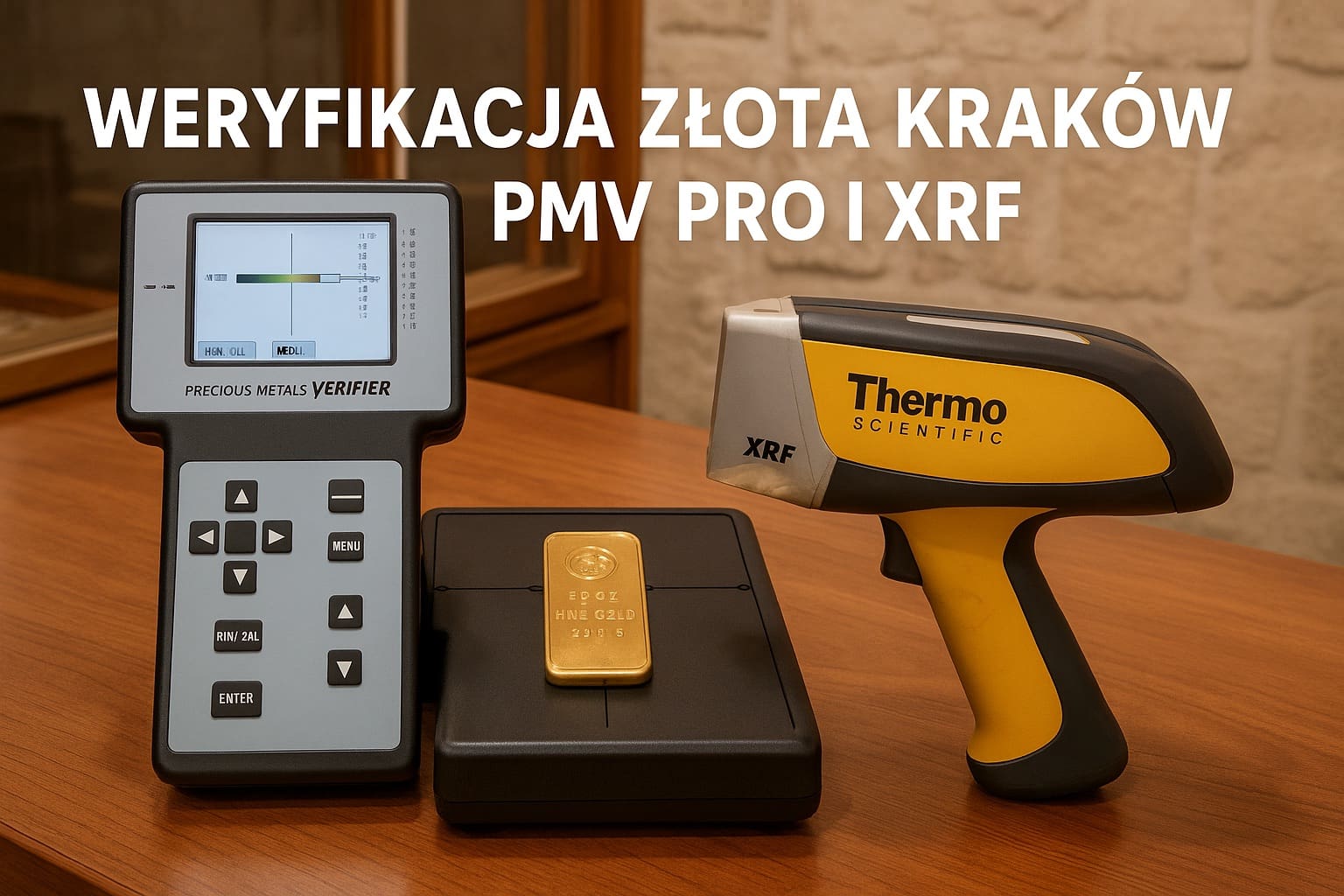 Weryfikacja autentyczności złota w Krakowie – urządzenie PMV PRO obok spektrometru XRF na ladzie punktu w Kazimierzu