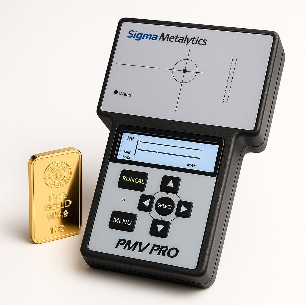 Sztabka złota 1 oz badana na urządzeniu Sigma Metalytics PMV PRO – ujęcie produktowe w studio