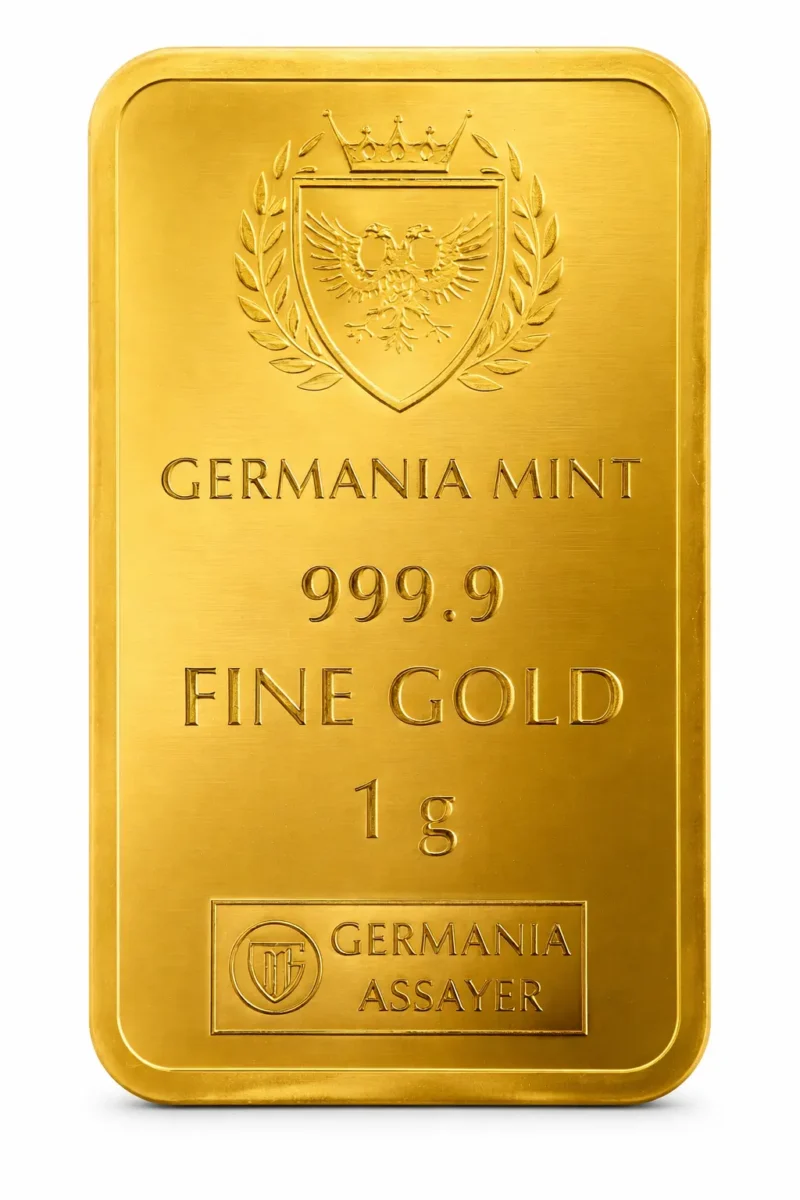 Złota sztabka o wadze 1 g z Mennicy Germania.