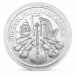 Srebrna moneta Wiedeński Filharmonik 1 oz Ag 999 1,5 euro Münze Österreich na białym tle