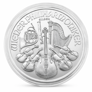 Srebrna moneta Wiedeński Filharmonik 1 oz Ag 999 1,5 euro Münze Österreich na białym tle
