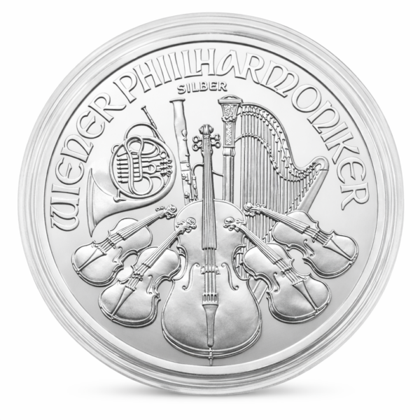 Srebrna Moneta Wiedeński Filharmonik Srebrna moneta Wiedeński Filharmonik 1 oz Ag 999 1,5 euro Münze Österreich na białym tle