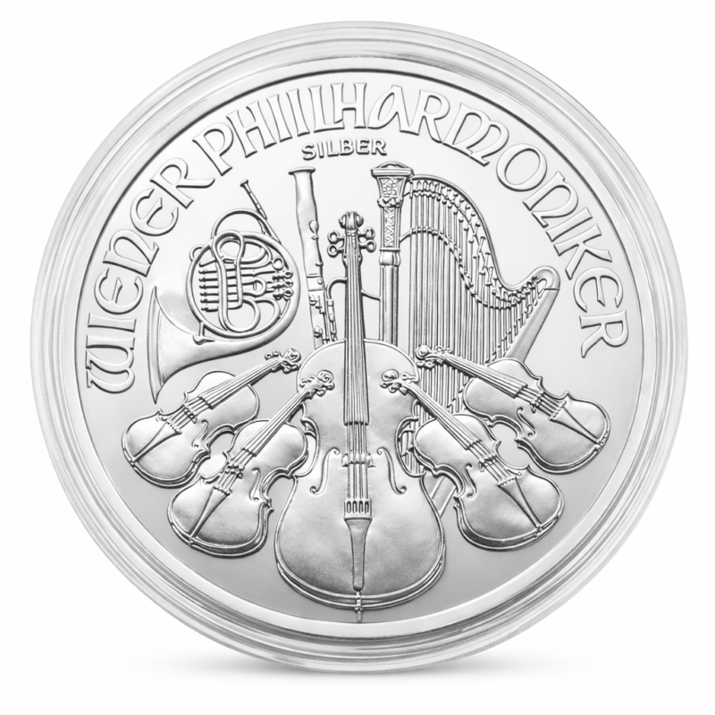 Srebrna moneta Wiedeński Filharmonik 1 oz Ag 999 1,5 euro Münze Österreich na białym tle