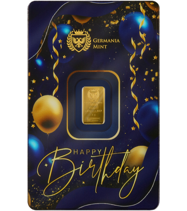 Złota Sztabka Urodzinowa 1g Złota sztabka 1 g Happy Birthday Au 999.9 Germania Mint front opakowania