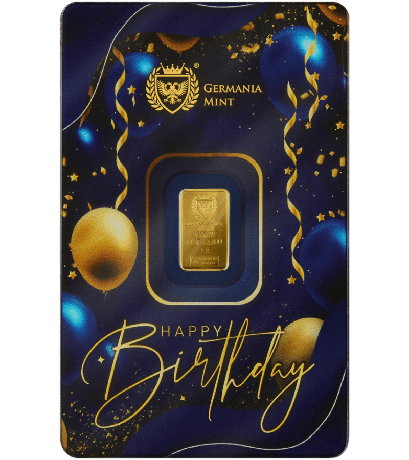 Złota sztabka 1 g Happy Birthday Au 999.9 Germania Mint front opakowania