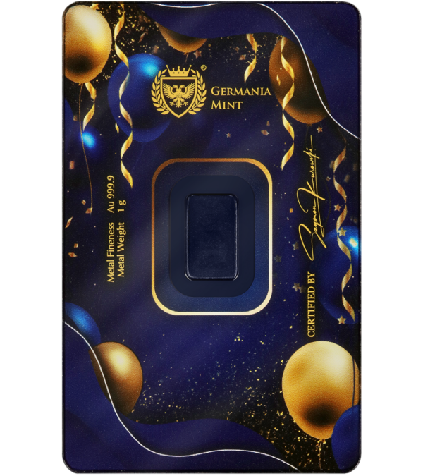 Złota sztabka 1 g Happy Birthday Germania Mint tył Safepacku
