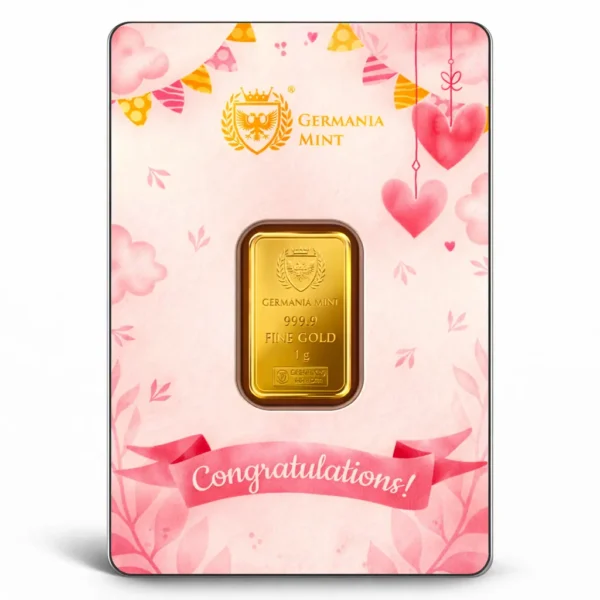 Sztabka złota 1 g Germania Mint 999.9 dla dziewczynki w różowym safepacku Congratulations