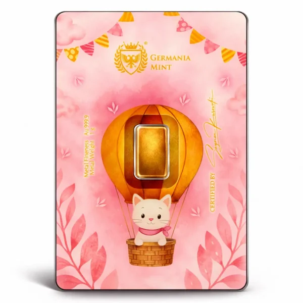 Złota Sztabka 1 Gram na Urodziny Dziecka - Różowa 1 g sztabka złota Germania Mint 999.9 w ozdobnym safepacku dla dziewczynki – prezent na narodziny dziecka, różowe opakowanie Congratulations