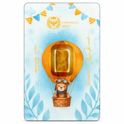 Złota sztabka o wadze 1 grama z wizerunkiem misia w balonie