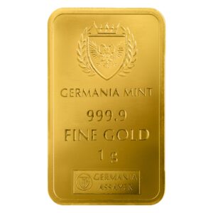 Detal sztabki złota 1 g Germania Mint 999.9 Fine Gold