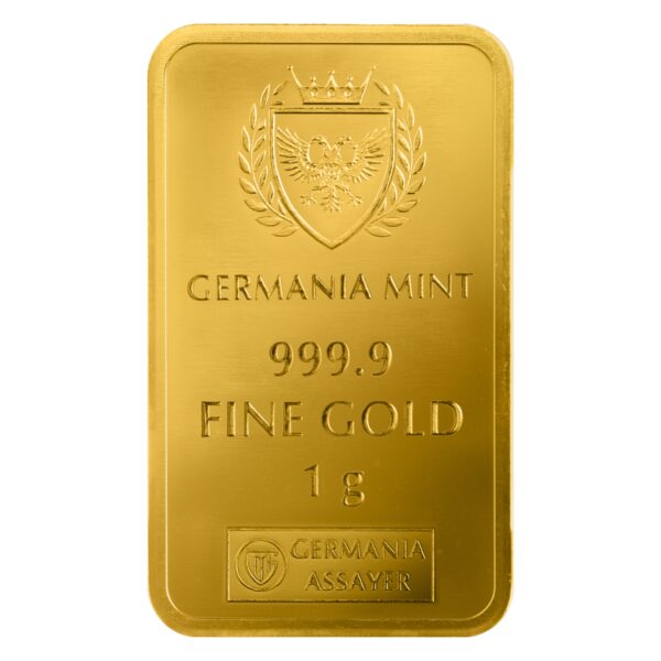 Detal sztabki złota 1 g Germania Mint 999.9 Fine Gold