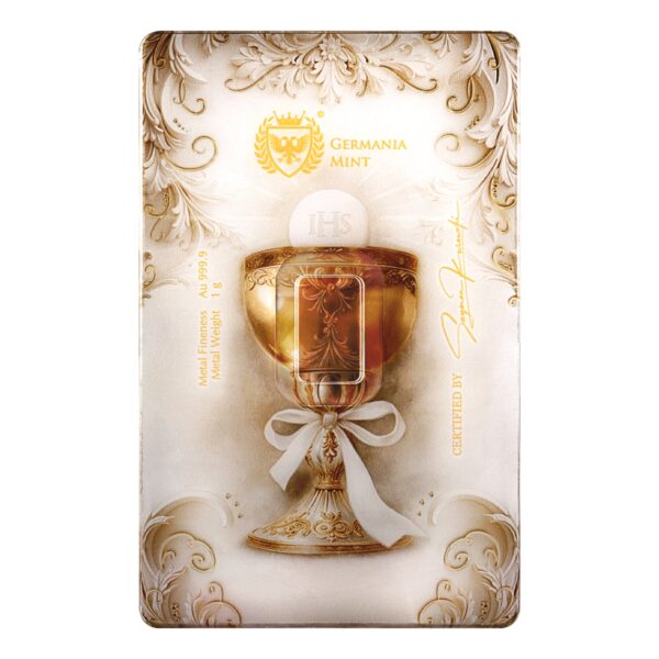 Sztabka złota 1 g Au999.9 Germania Mint Pamiątka I Komunii Świętej Kielich front Safepack
