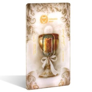Ujęcie boczne frontu sztabki złota 1 g Komunia Kielich w Safepacku Germania Mint