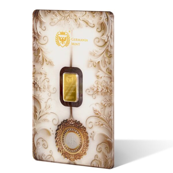 Ujęcie boczne rewersu sztabki złota 1 g Au999.9 Germania Mint Safepack