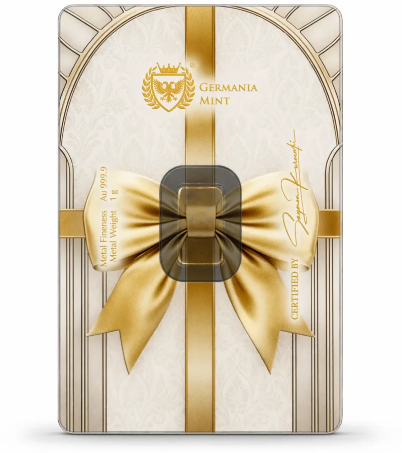 Sztabka złota 1 g Germania Mint Najlepsze Życzenia Au 999.9 w opakowaniu Safepack tył
