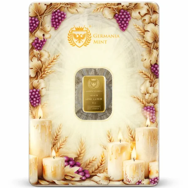 Germania Mint I Komunia Święta 1 g Safepack przód Sztabka złota 1 g na I Komunię Świętą Germania Mint w opakowaniu Safepack przód