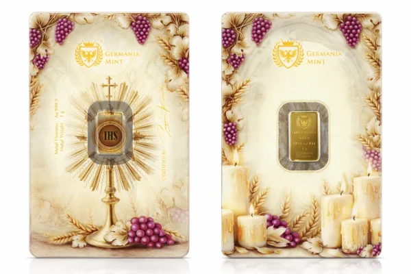 Sztabka złota 1 g Germania Mint Au 999.9 przód i tył