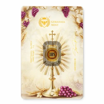 Sztabka złota 1 g na I Komunię Świętą Germania Mint w opakowaniu Safepack tył