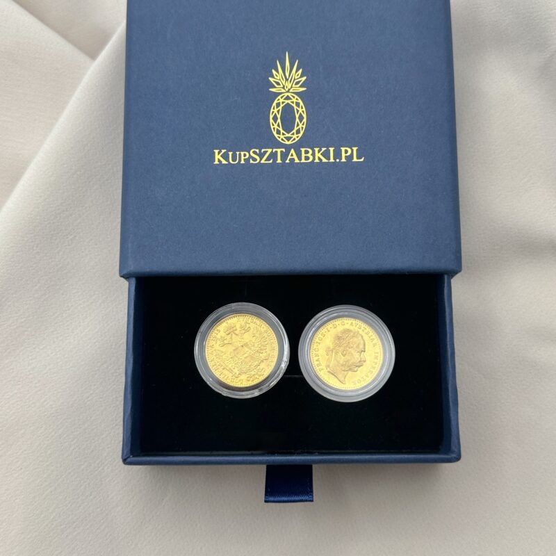 Złote monety austriackie w eleganckim pudełku