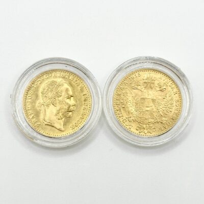 Austrian ducat from 1915 displayed in a protective case
