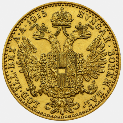 Austriacki Dukat 1915 Nowe Bicie rewers z dwugłowym orłem Habsburgów Au 986