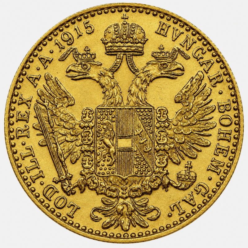 Austriacki Dukat 1915 Nowe Bicie rewers z dwugłowym orłem Habsburgów Au 986